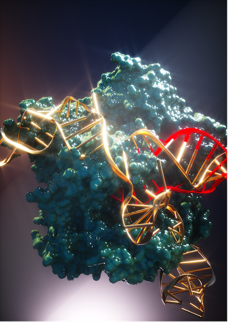 vfCRISPR in action under light (gRNA, gold; DNA, red)